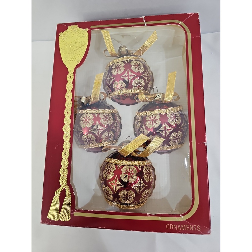 Vintage The Victoria Collection Glass & Gold Glitter Ornaments*ORIGINAL BOX*